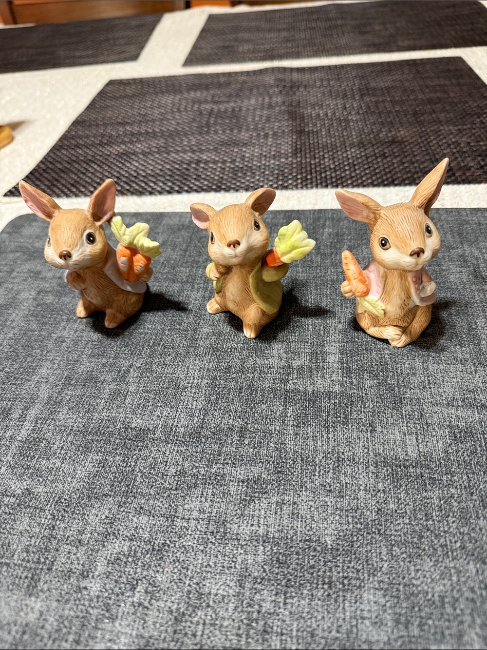 3 vintage porcelain/ceramic bunny rabbit figurines holding carrots